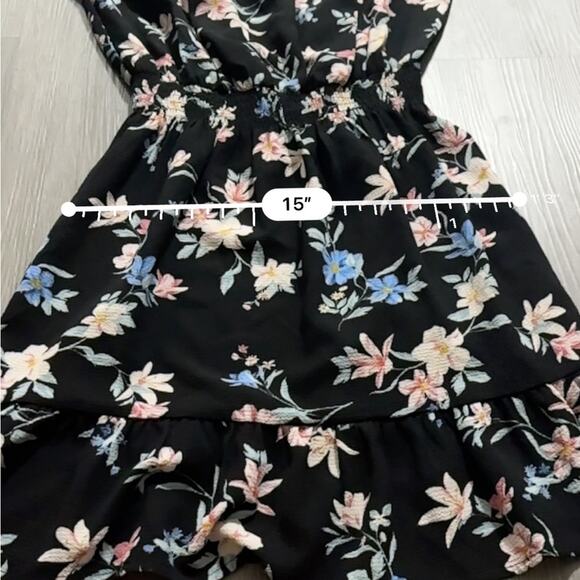 H&M Divided Black Multicolor Floral Cold Shoulder Long Bell Sleeve Mini Dress 4 - Picture 7 of 8